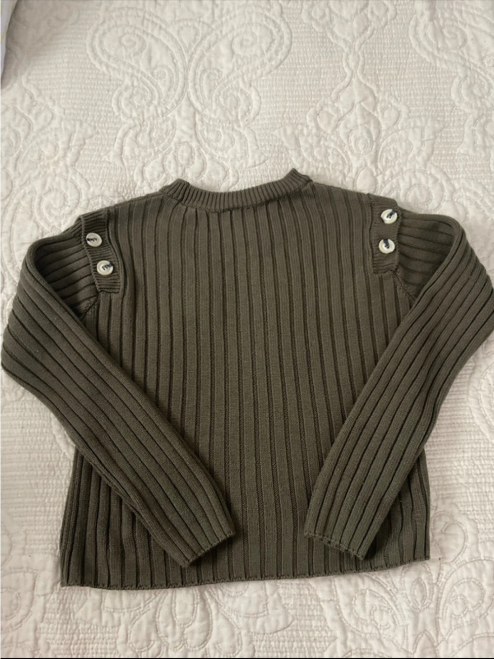 Mango Olive Green Ribbed Crewneck Sweater with Shoulder Buttons